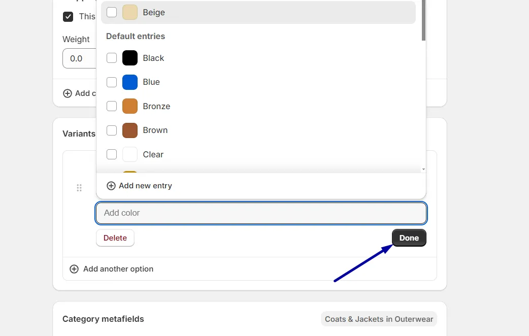 Next, select “Color” as the “Option name” and enter the desired colors in the “Option values” field